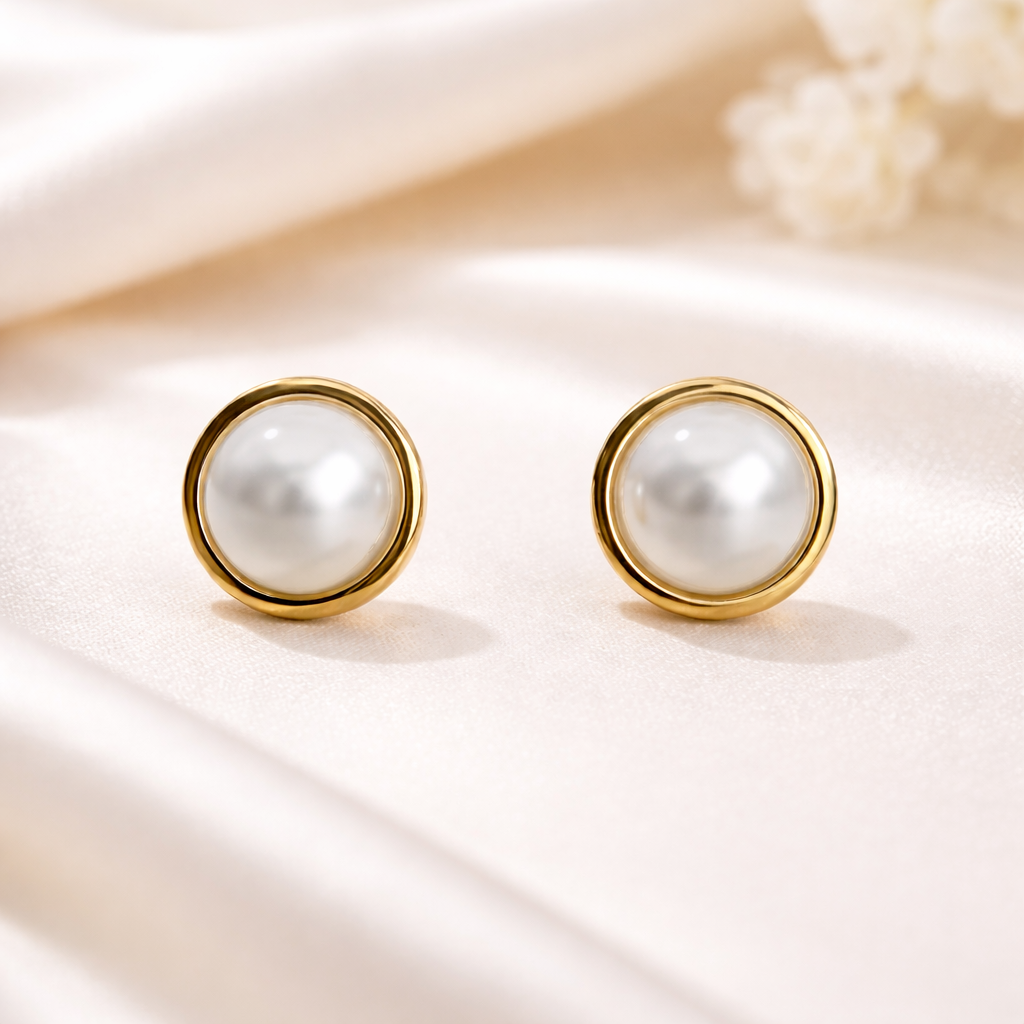 Golden halo pearl studs