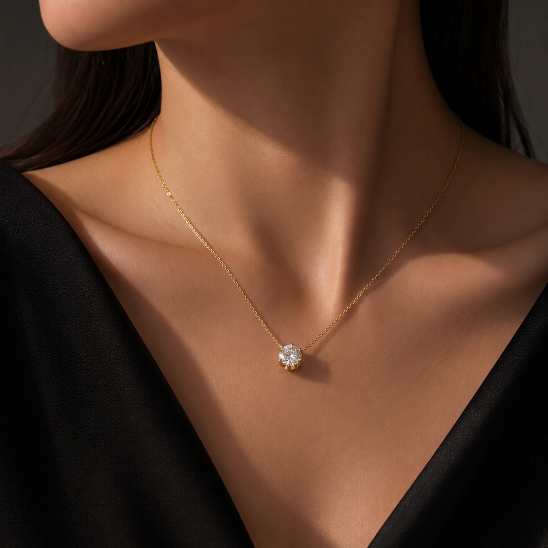Solitaire Diamond Pendant Necklace - 14K Gold Chain for Women