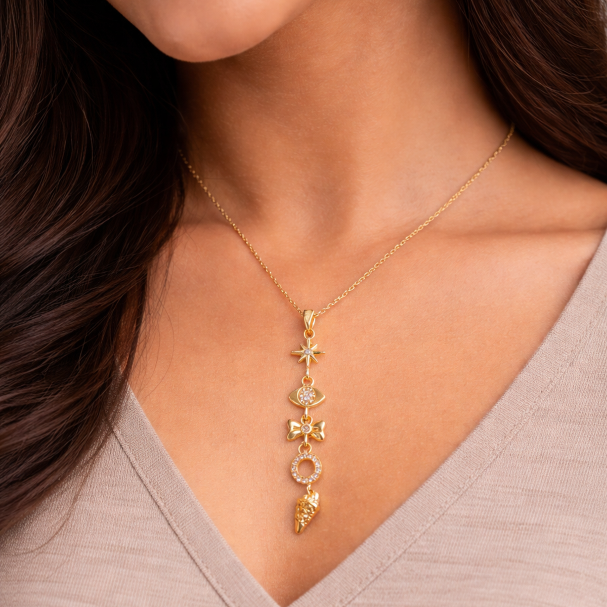 Celestial charm drop necklace – gold multi symbol pendant with crystal accents