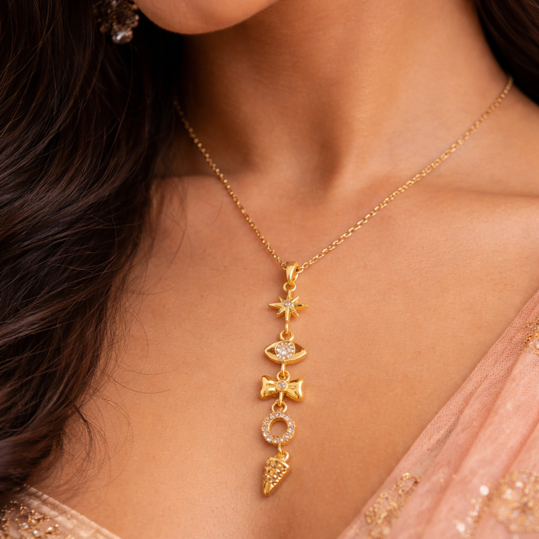 Celestial Charm Drop Necklace – Gold Multi Symbol Pendant with Crystal Accents