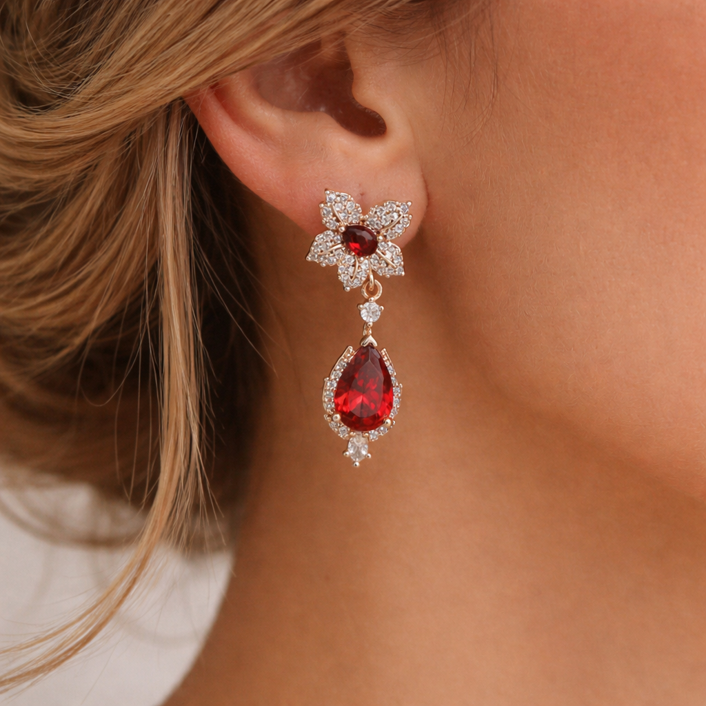 Crimson Blossom Tear Drop Earrings