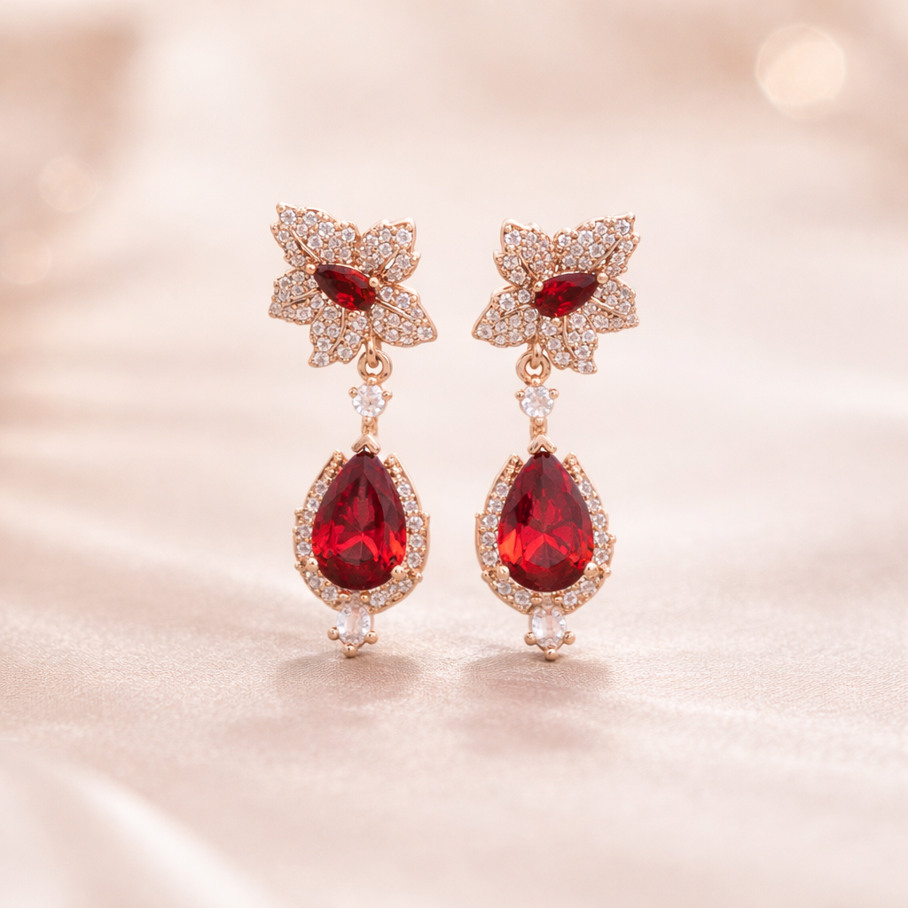 Crimson blossom tear drop earrings
