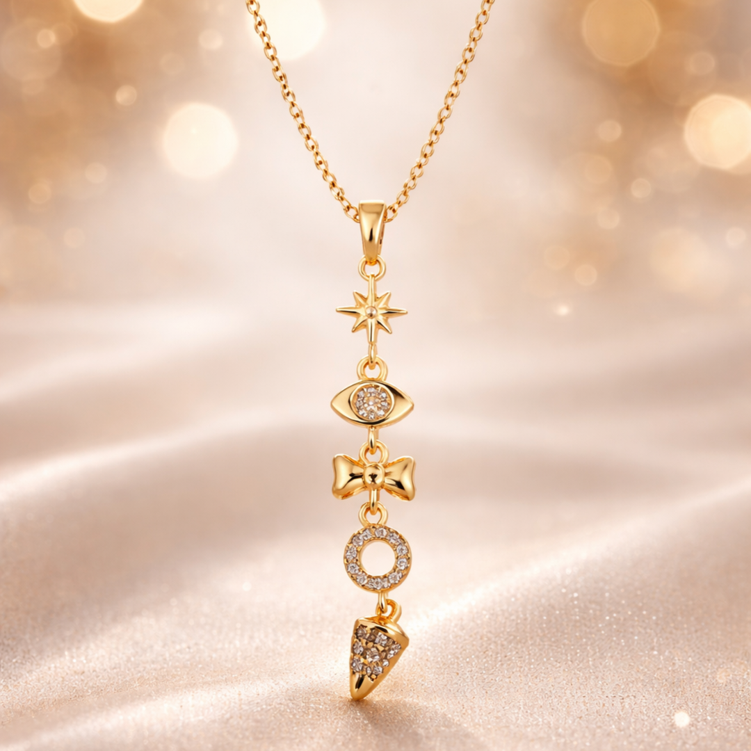 Celestial Charm Drop Necklace – Gold Multi Symbol Pendant with Crystal Accents