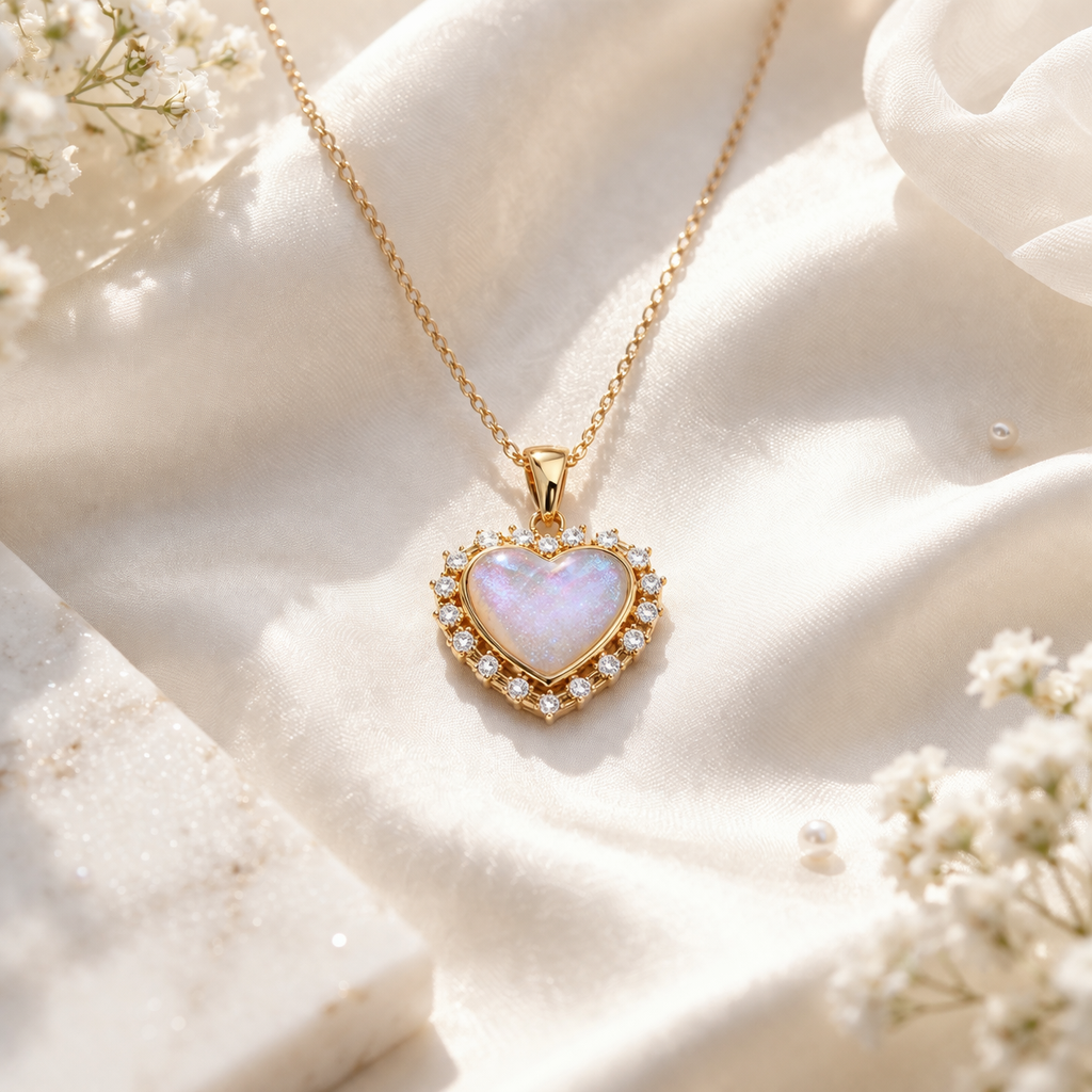 Iridescent Heart Glow Necklace – Opal Heart Pendant with Gold Halo Design