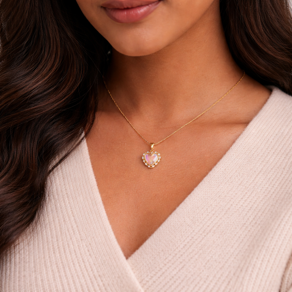 Iridescent Heart Glow Necklace – Opal Heart Pendant with Gold Halo Design