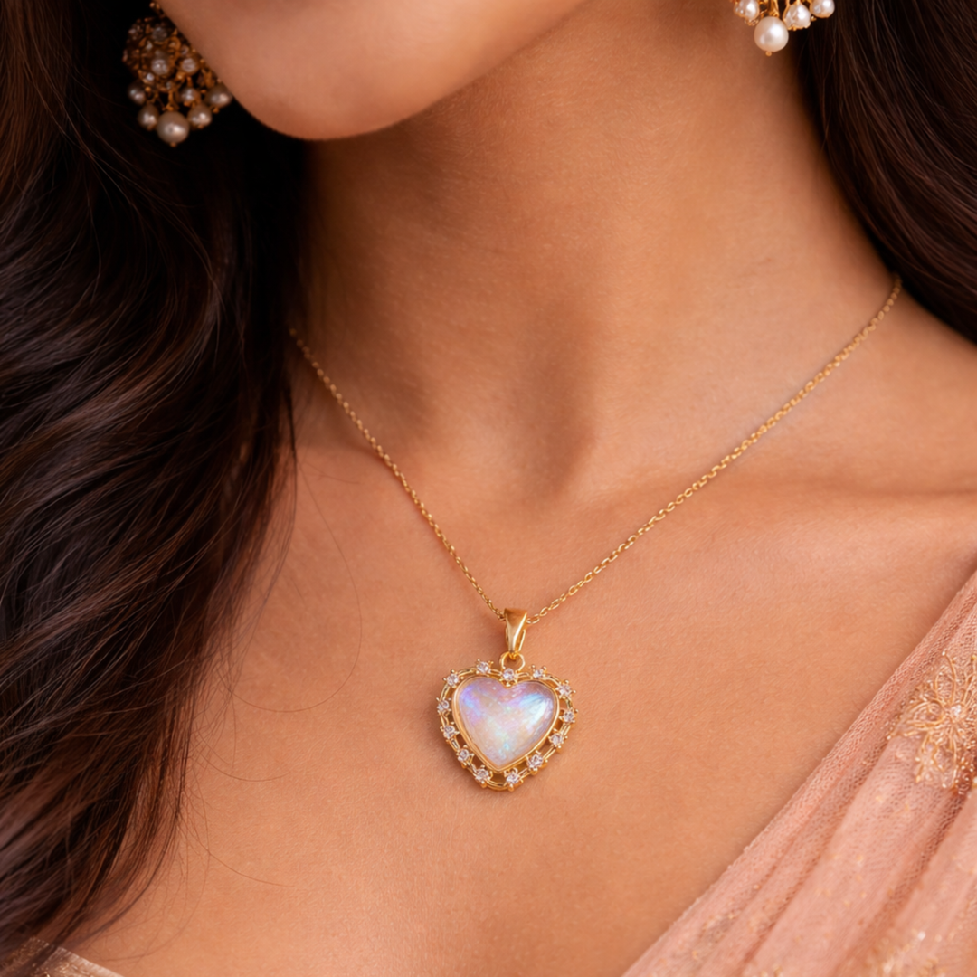 Iridescent Heart Glow Necklace – Opal Heart Pendant with Gold Halo Design