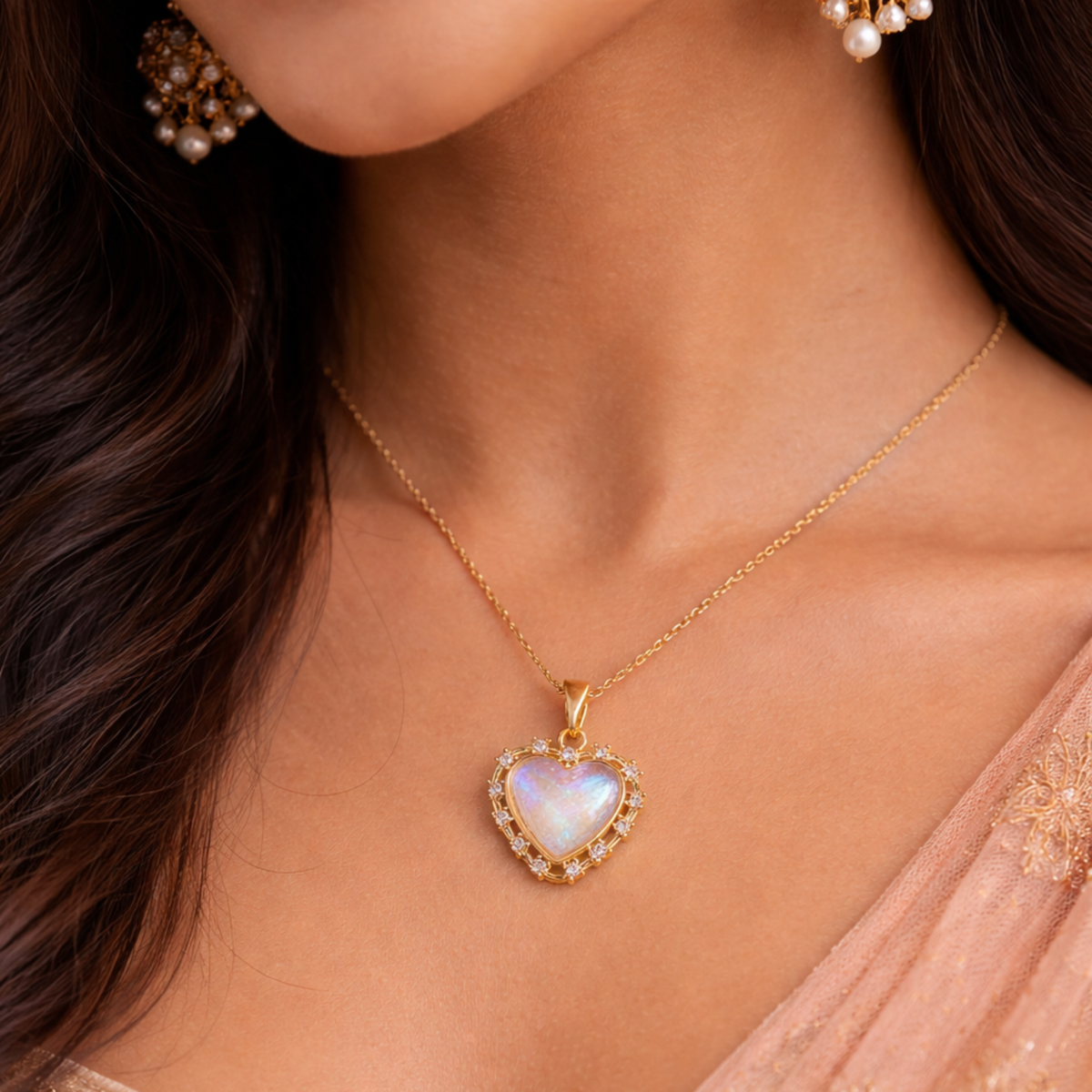 Iridescent heart glow necklace – opal heart pendant with gold halo design
