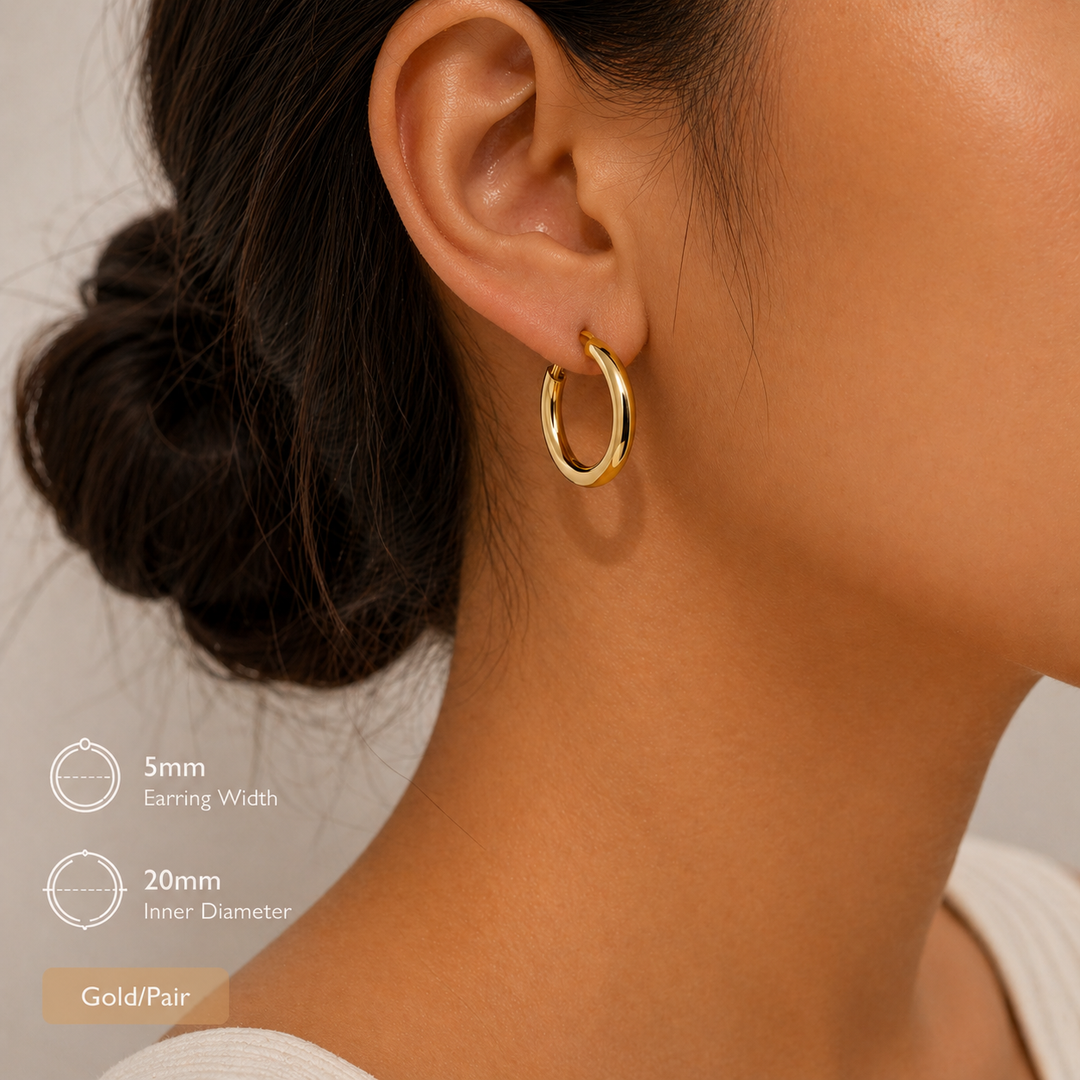 Gold Plated Chunky Hoop Earrings for Women – 5mm Thick Small Huggie Hoops, 16mm Inner Diameter