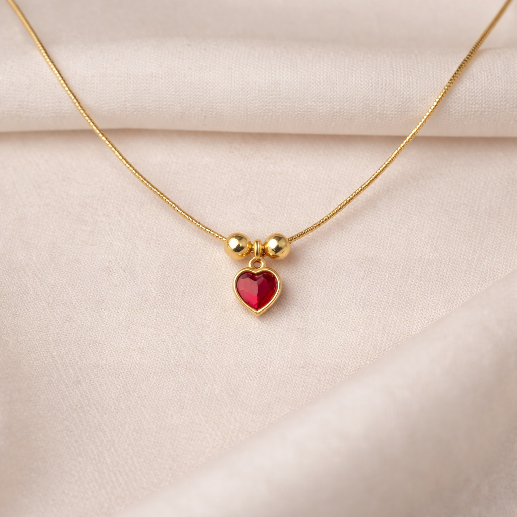 Gold Red Heart Pendant Necklace | Minimal Waterproof Jewelry for Women