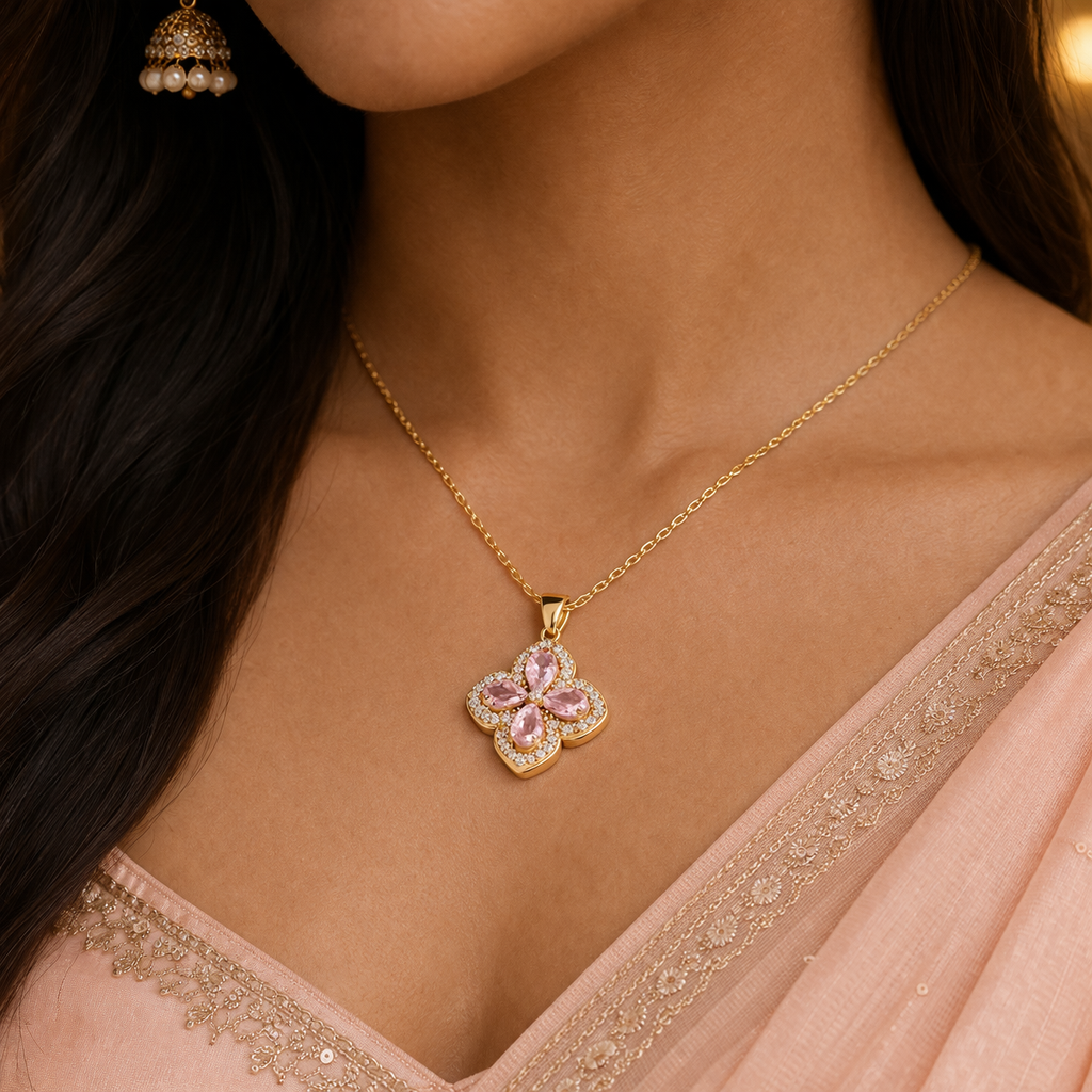 Ethereal rose petal necklace – pink floral crystal pendant in gold finish