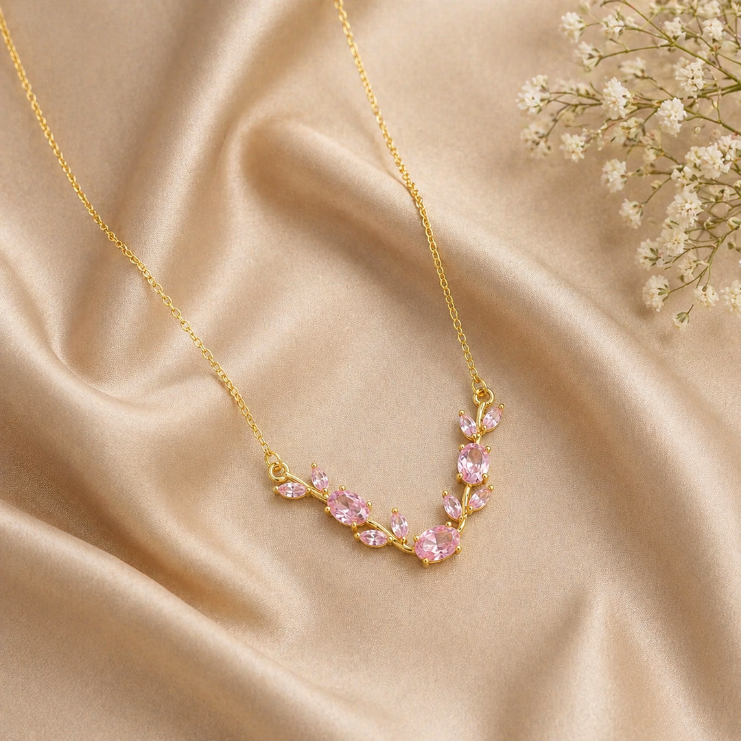 Pink Crystal Tulip Floral Necklace | Elegant Gold Minimal Jewelry