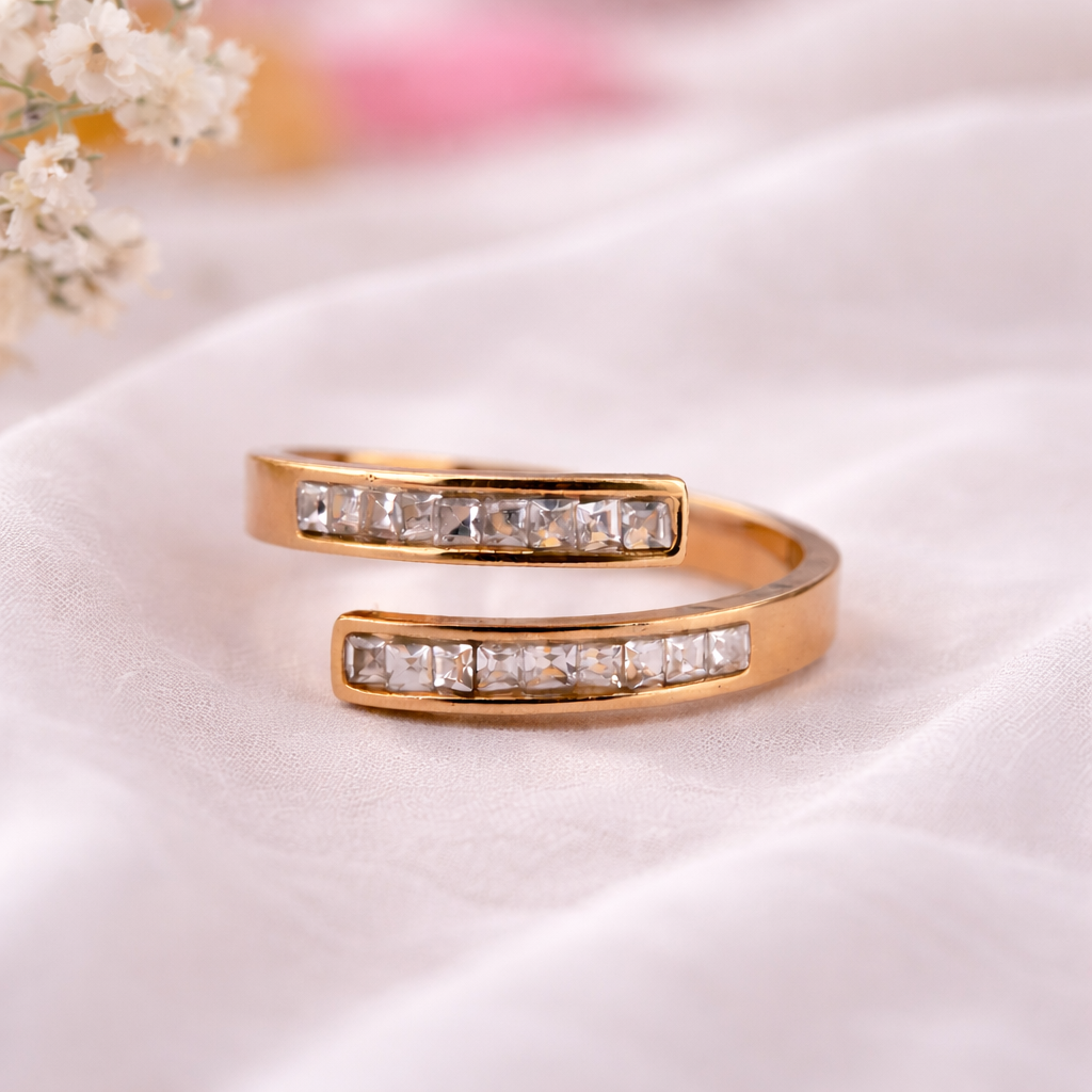 Gold Open Cuff Ring with CZ Stones