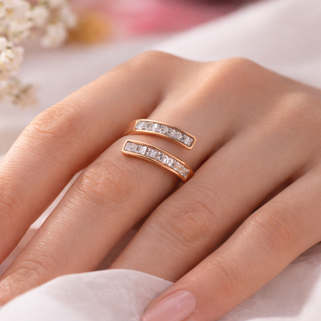 Gold open cuff ring with cz stones