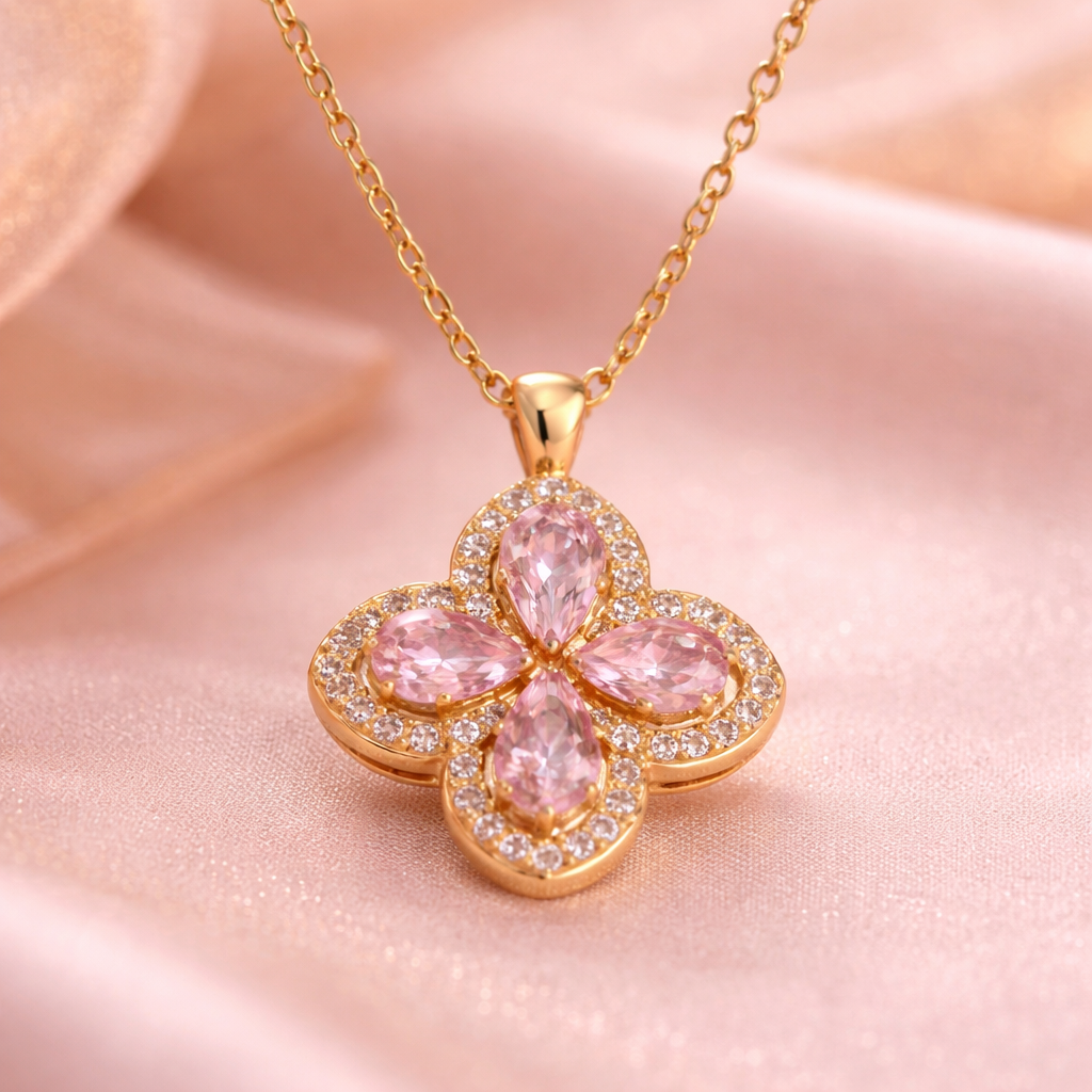 Ethereal Rose Petal Necklace – Pink Floral Crystal Pendant in Gold Finish