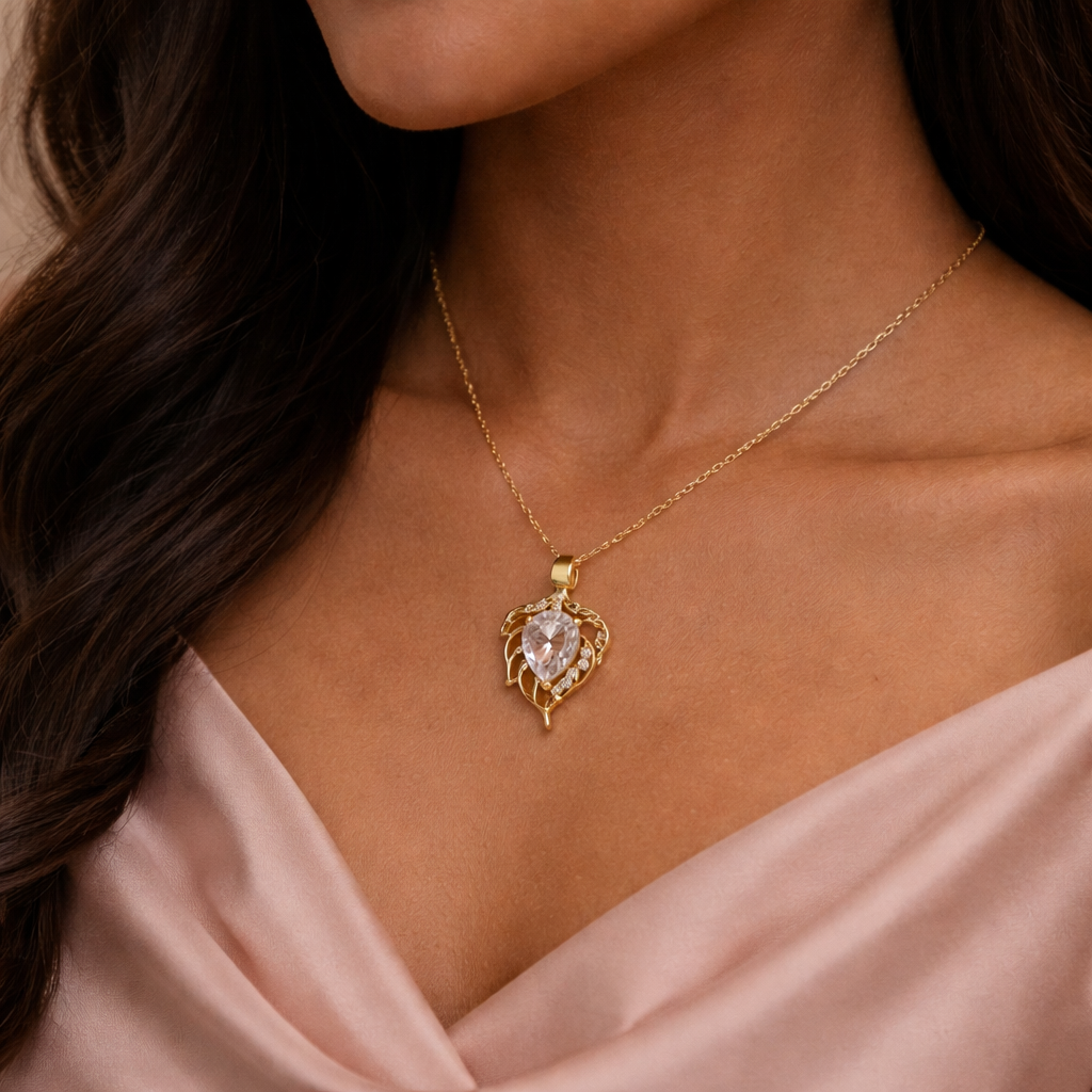 Golden leaf crystal heart necklace