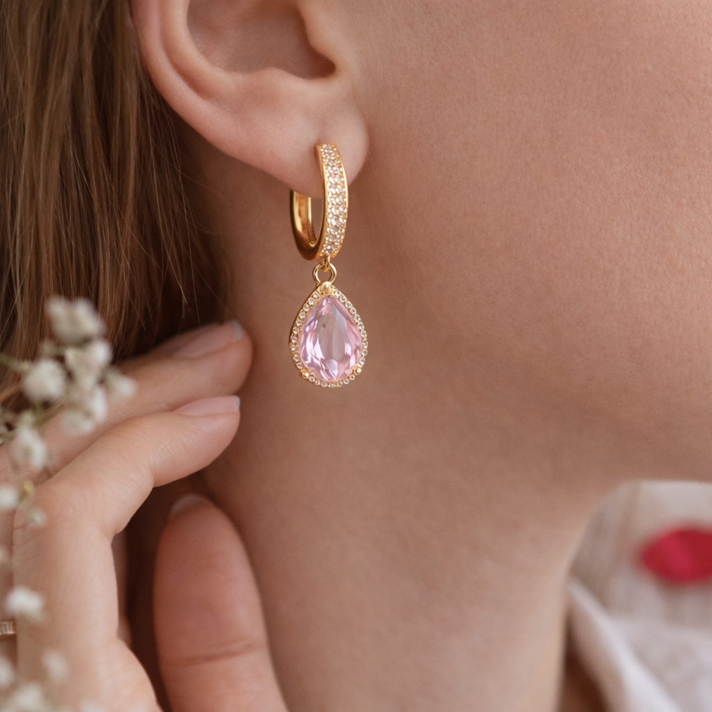 Pink Teardrop Charm Hoop Earrings