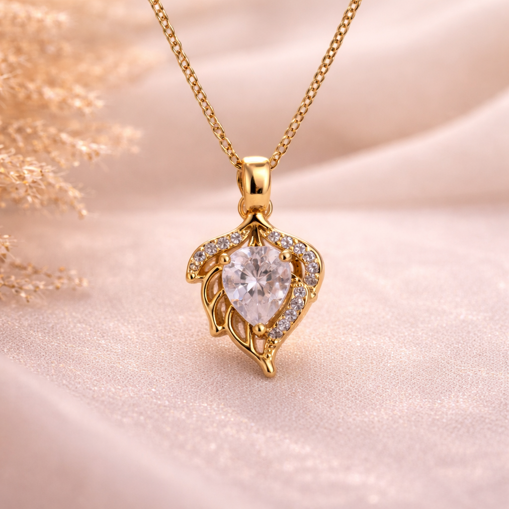 Golden Leaf Crystal Heart Necklace