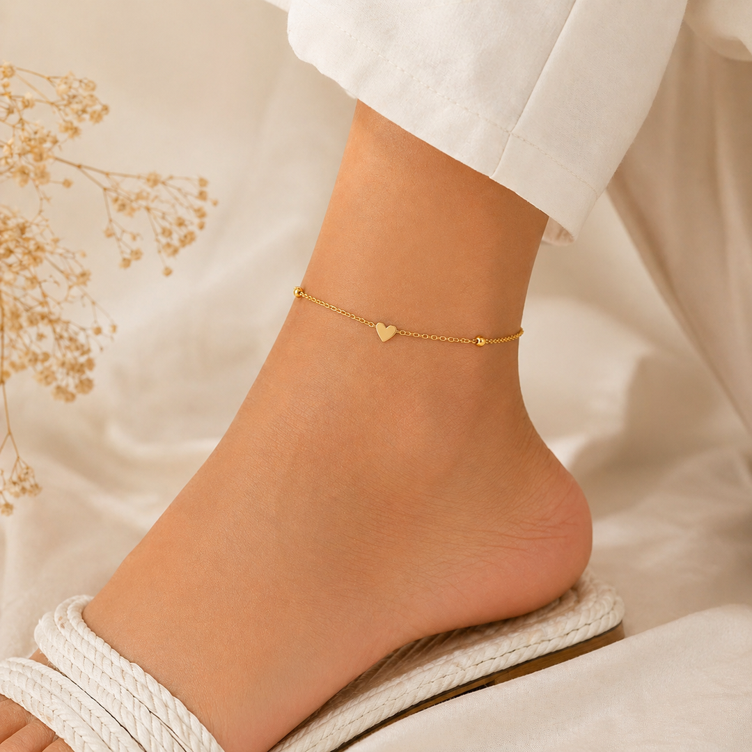 Gold Heart Anklet for Women | Minimal Dainty Chain Anklet with Adjustable Clasp