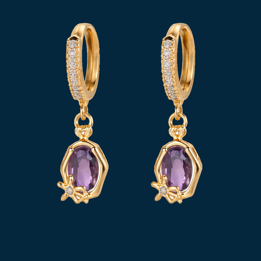 Gold Huggie Earrings with Purple Teardrop Crystal