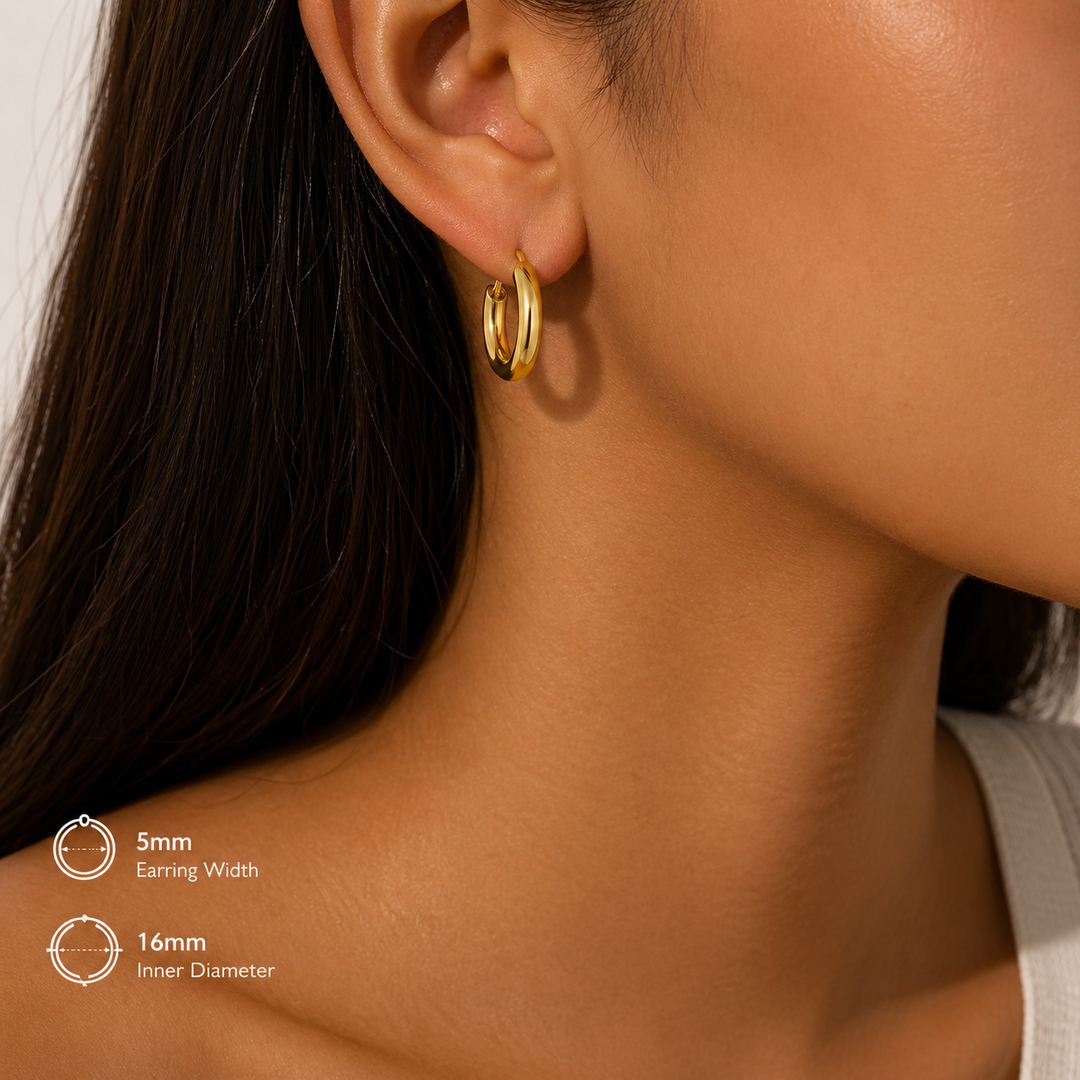 Gold Plated Chunky Hoop Earrings for Women – 5mm Thick Small Huggie Hoops, 20mm Inner Diameter