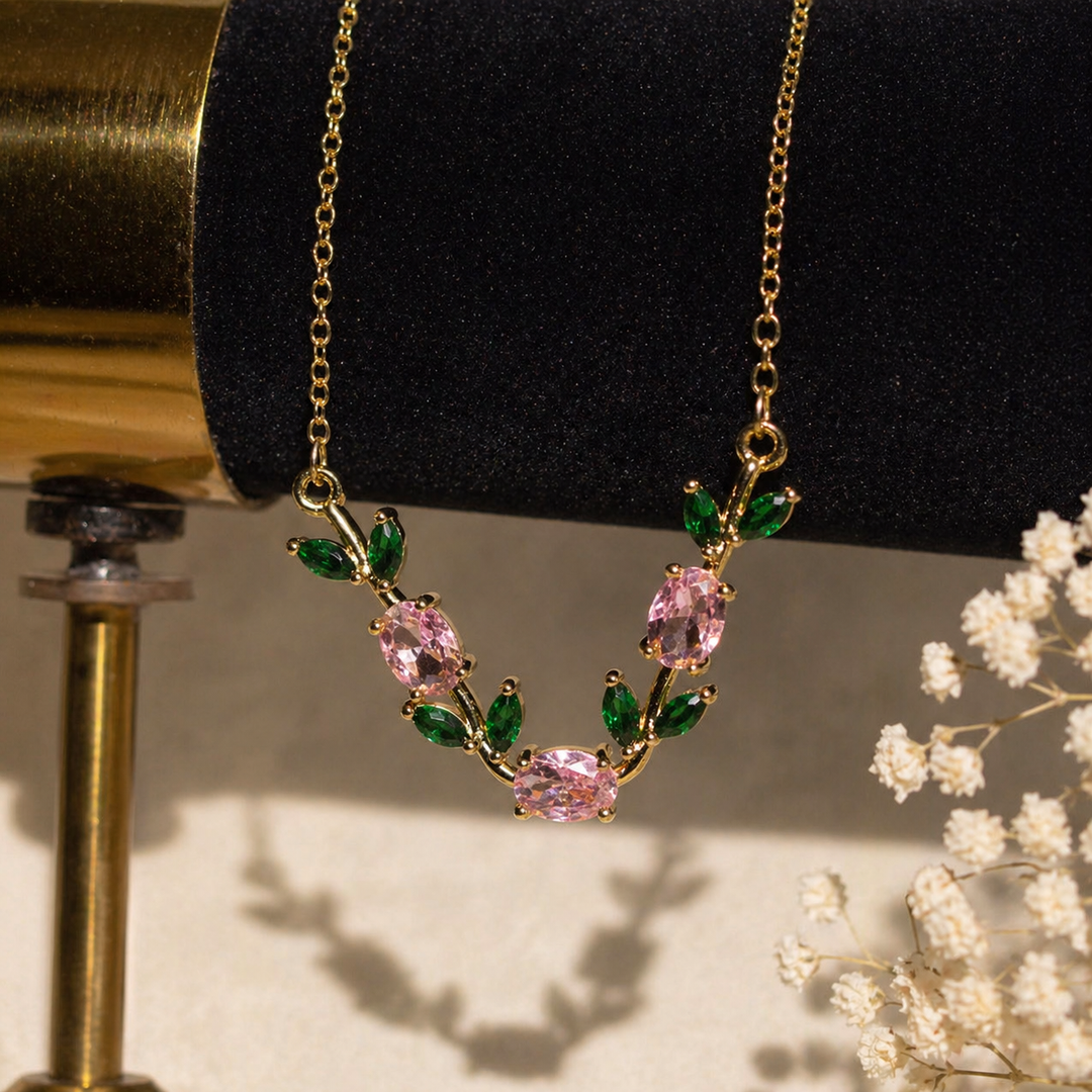 Pink Crystal Leaf Tulip Necklace | Gold Floral Minimal Jewelry for Women