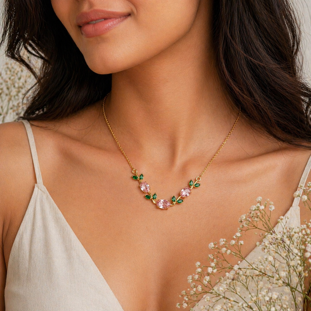 Pink Crystal Leaf Tulip Necklace | Gold Floral Minimal Jewelry for Women
