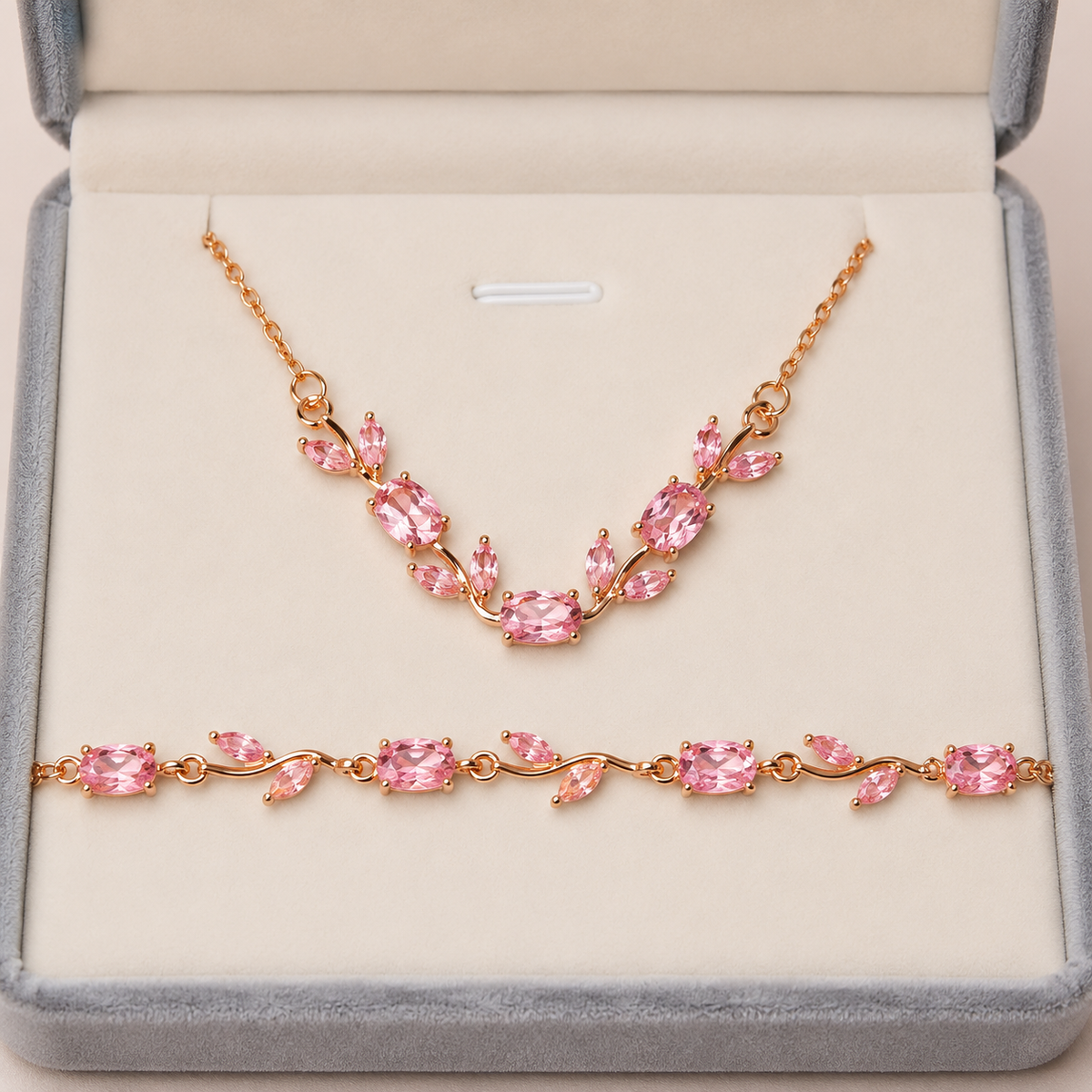 Pink crystal tulip floral necklace & blush tulip bloom bracelet combo set for women