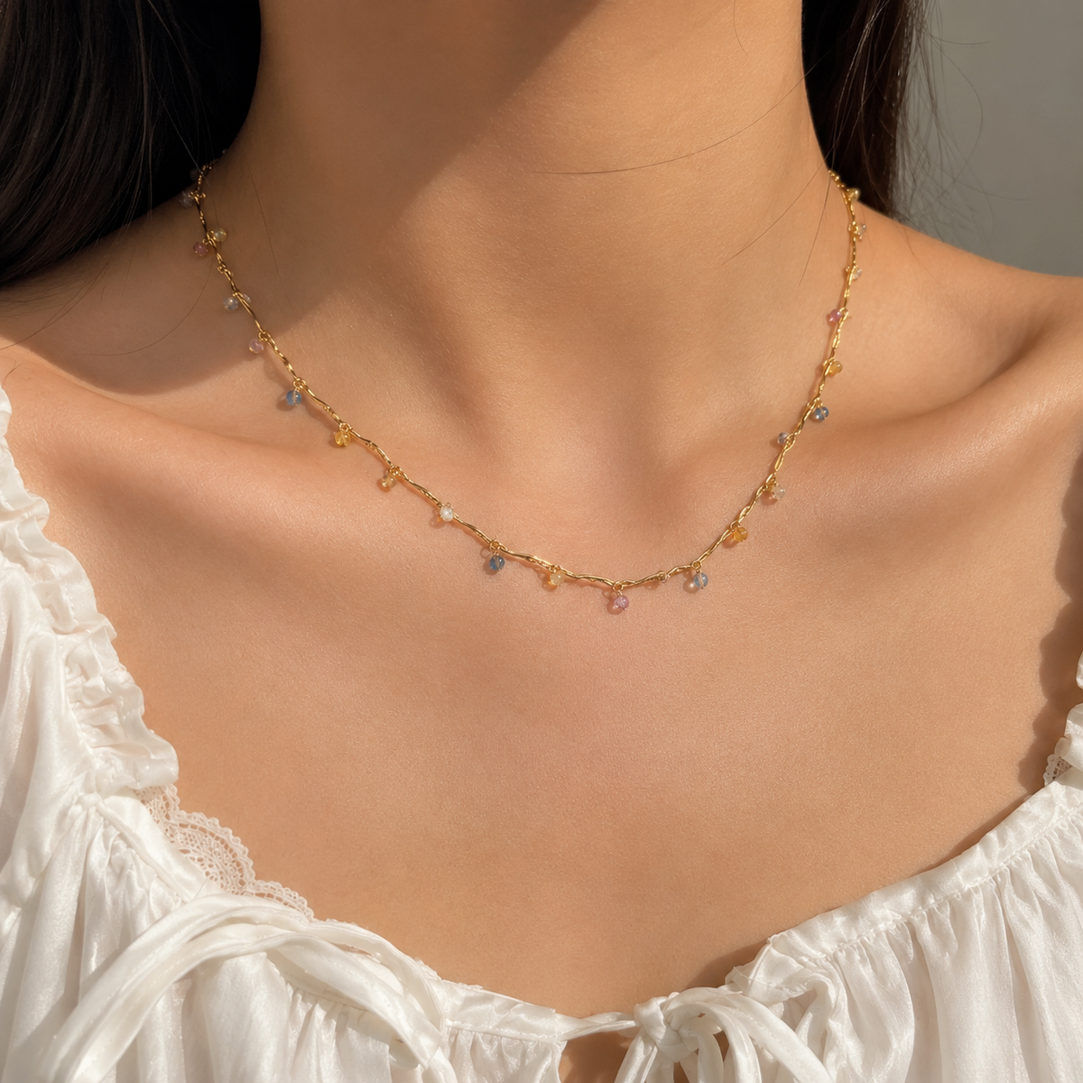 French line wrapped colorful zircon heart shaped mixed color 18k gold plated 304 stainless steel vacuum electroplated necklace