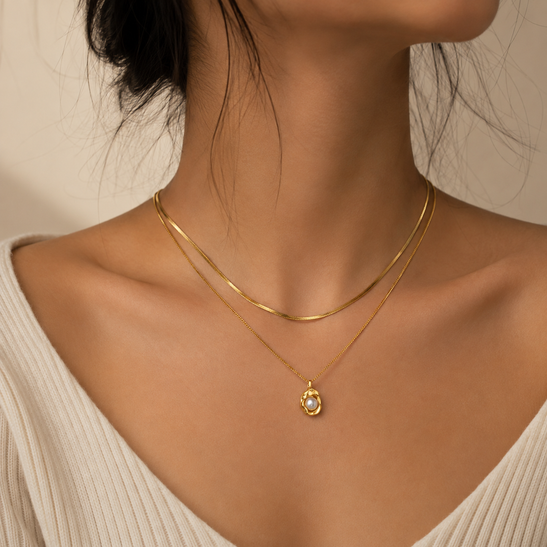 Gold Layered Necklace with Pearl Pendant Zarinoor