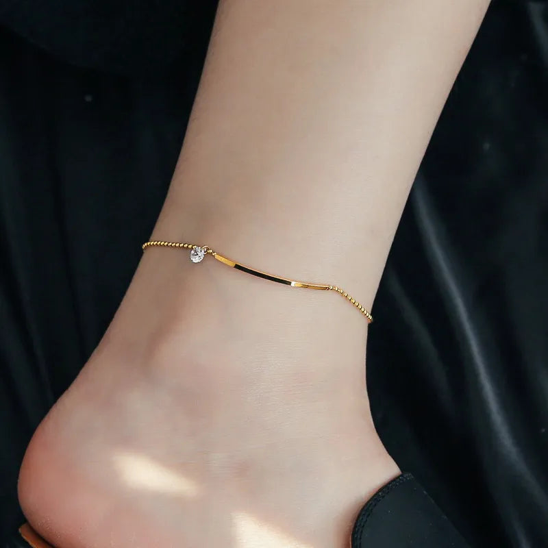 Dainty Gold Anklet with Crystal Charm | Minimal Adjustable Anklet for Women