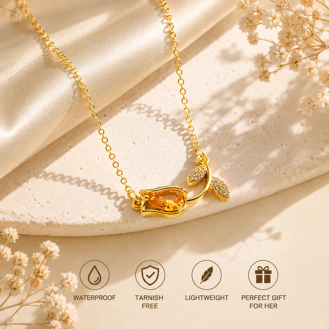 Amber Tulip Crystal Necklace – Waterproof Tarnish-Free Gold Plated Floral Pendant for Women