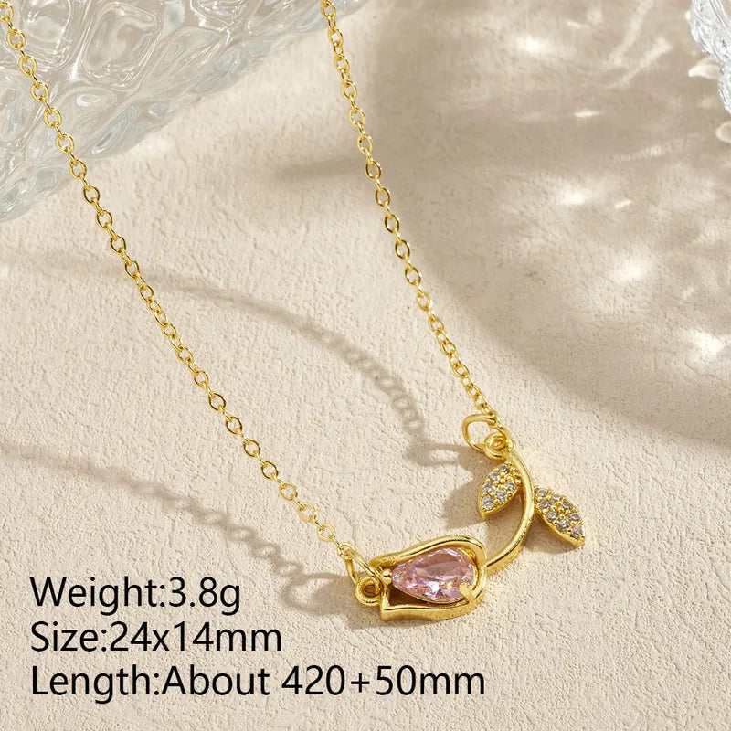 Pink Tulip Crystal Necklace for Women | Waterproof Gold Plated Floral Pendant | Zarinoor