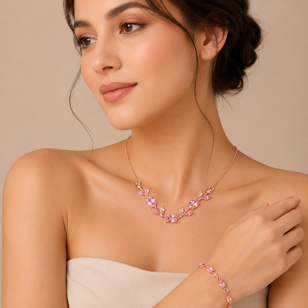 Pink Crystal Tulip Floral Necklace & Blush Tulip Bloom Bracelet Combo Set for Women | Zarinoor