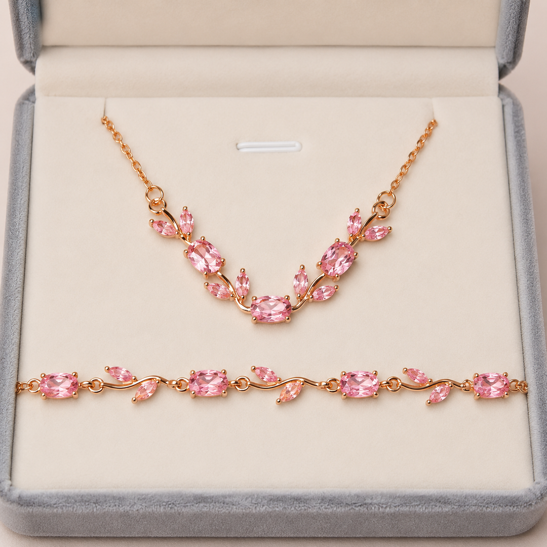 Pink Crystal Tulip Floral Necklace & Blush Tulip Bloom Bracelet Combo Set for Women | Zarinoor