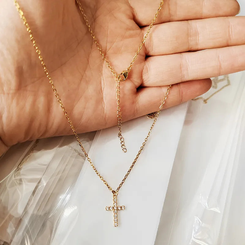 Gold Cross Pendant Necklace for Women | Minimal Crystal Cross Necklace – Zarinoor