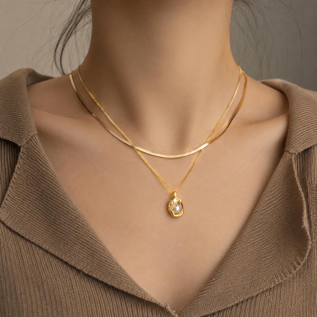 Gold Layered Necklace with Pearl Pendant Zarinoor