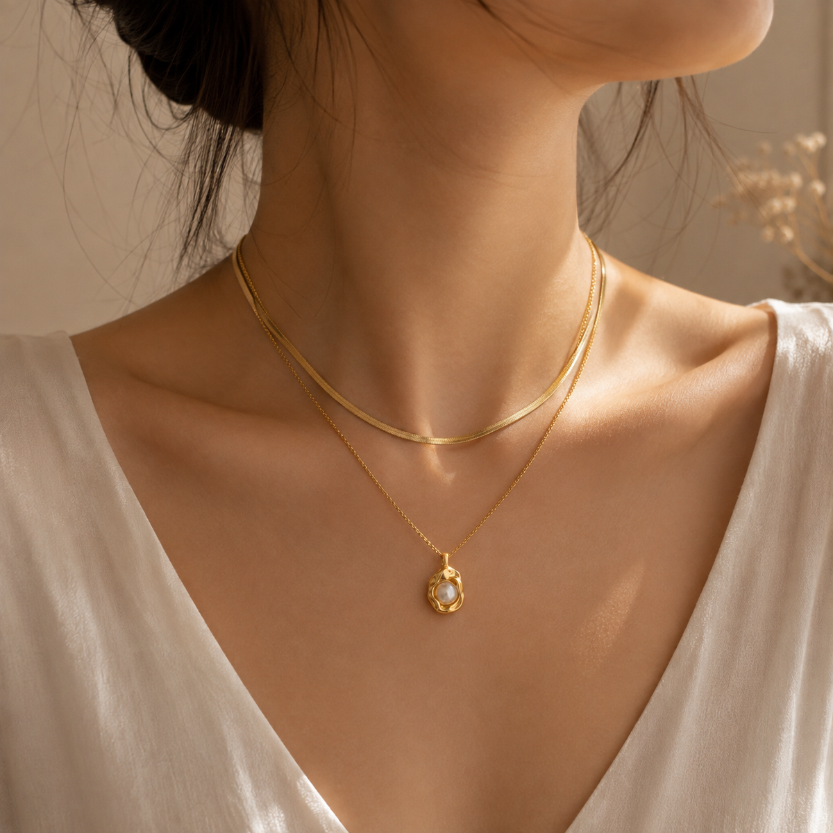 Gold layered necklace with pearl pendant zarinoor
