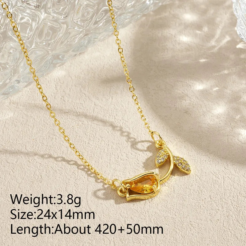 Amber Tulip Crystal Necklace – Waterproof Tarnish-Free Gold Plated Floral Pendant for Women