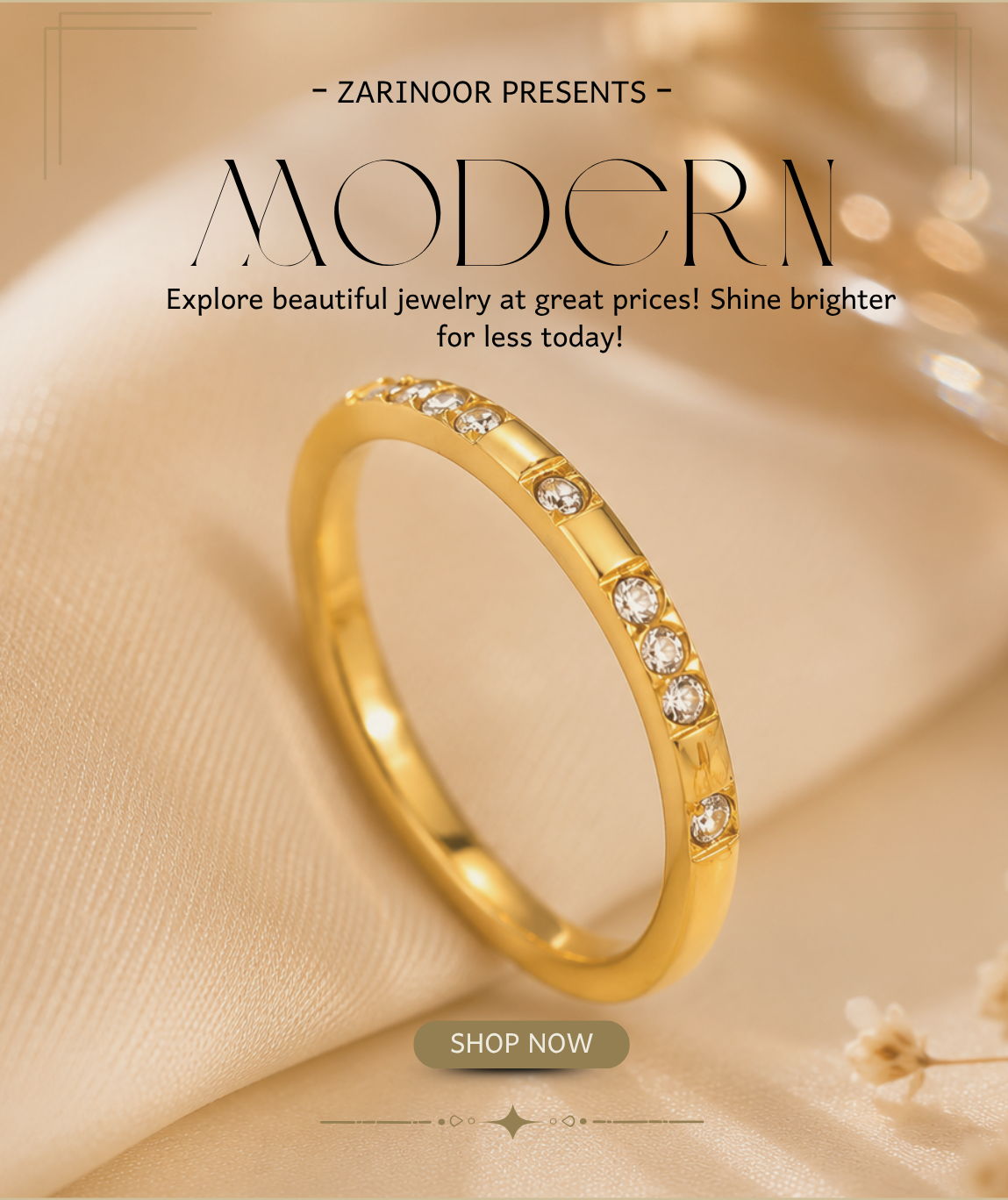 Gold ring with diamonds on a beige background, featuring Zarinoor jewelry brand.