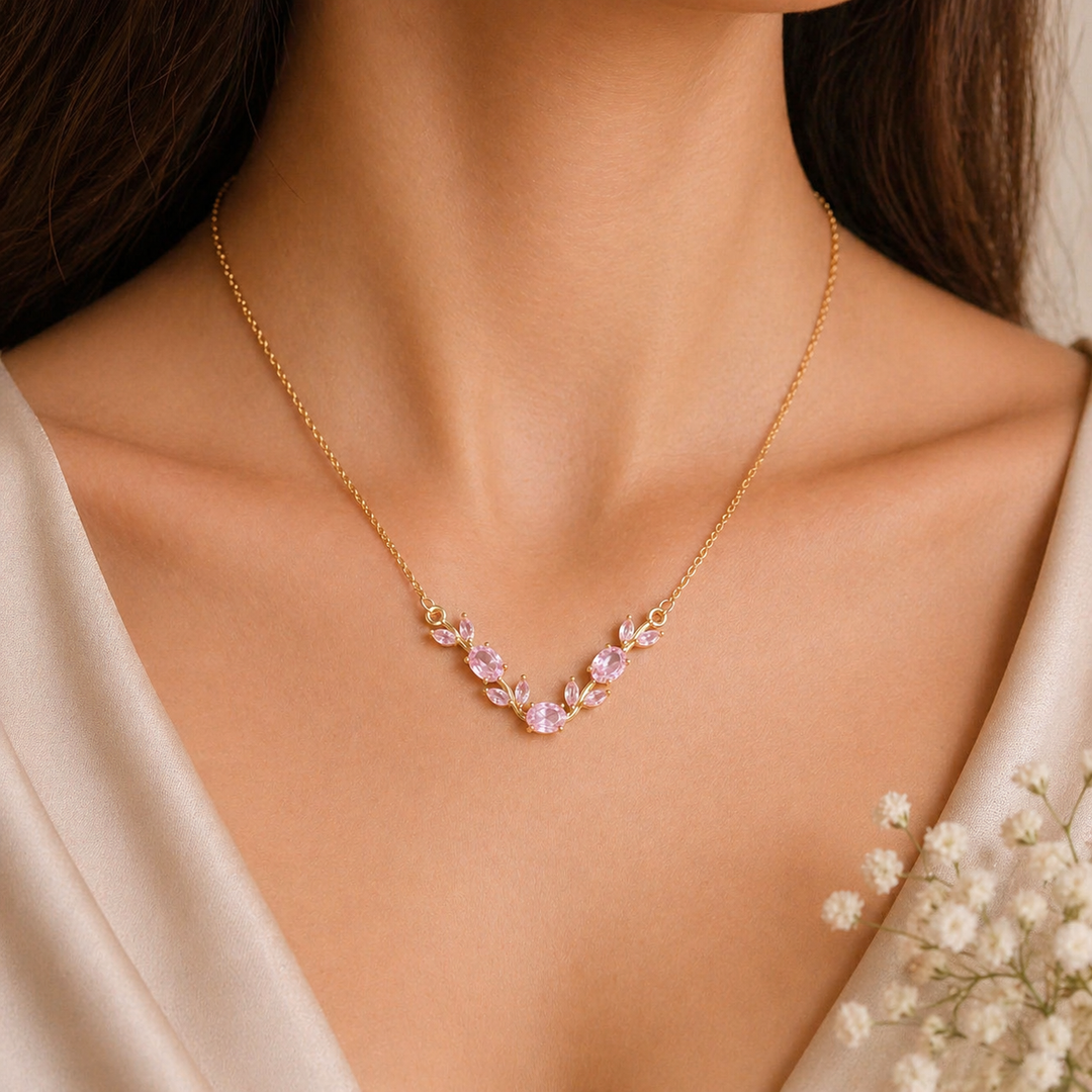 Pink Crystal Tulip Floral Necklace | Elegant Gold Minimal Jewelry