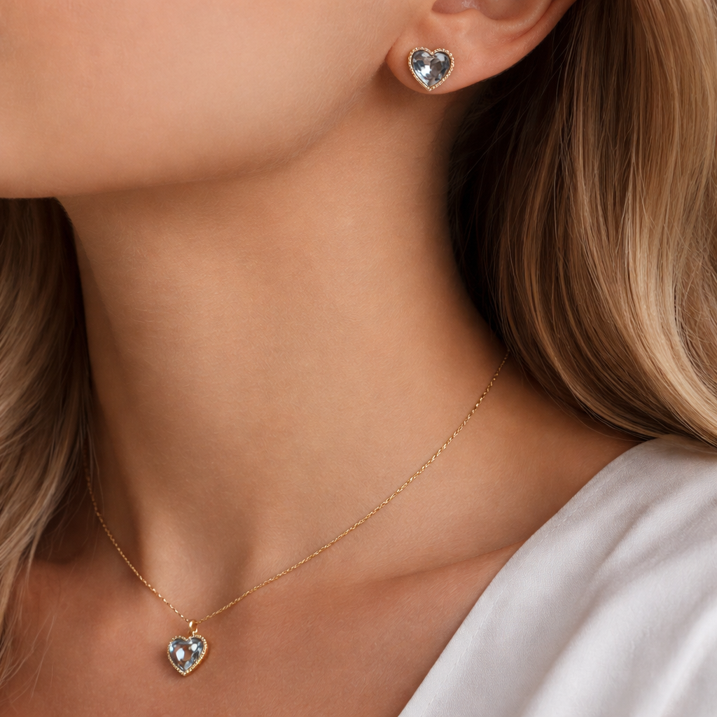 Pure Love Heart Set Diamond White Necklace & Earrings Jewelry Set