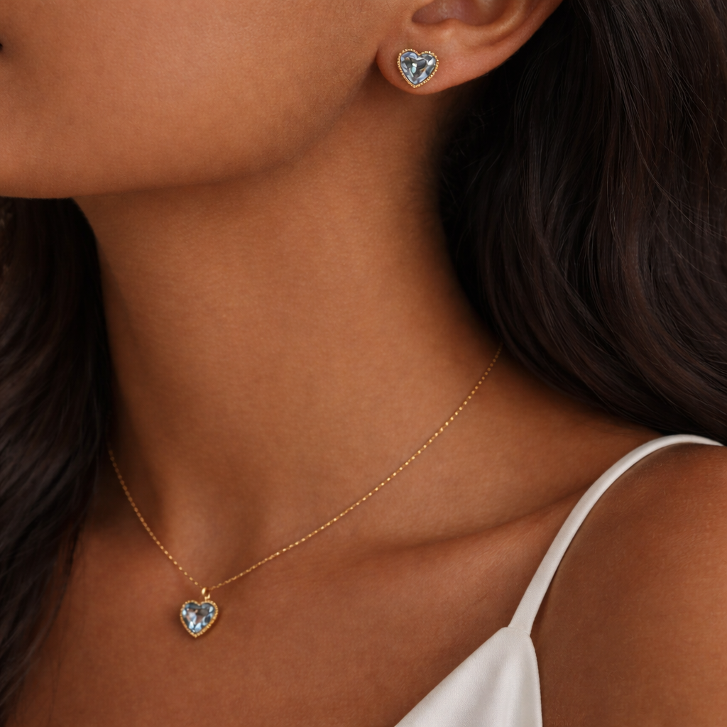 Pure Love Heart Set Diamond White Necklace & Earrings Jewelry Set
