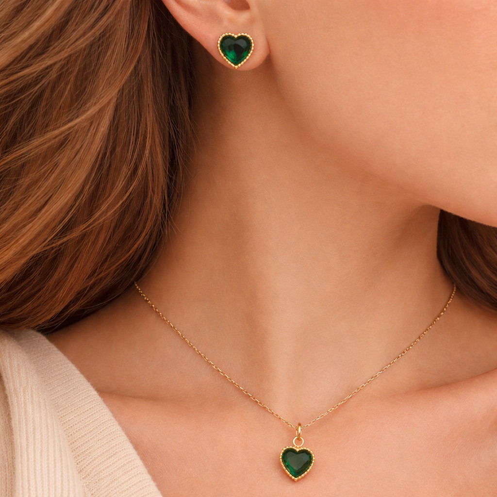 Pure Love Heart Set Emerald Green Necklace & Earrings Jewelry Set
