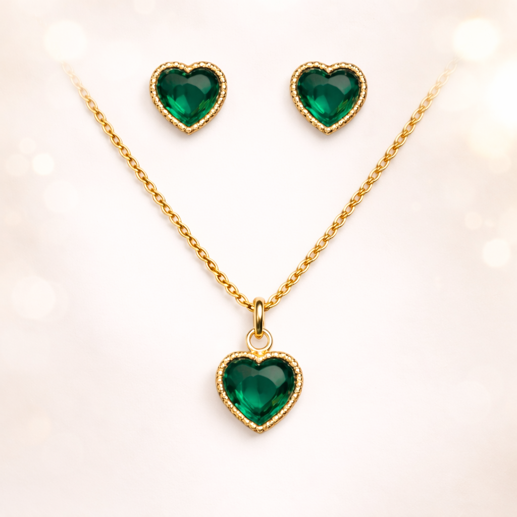 Pure Love Heart Set Emerald Green Necklace & Earrings Jewelry Set