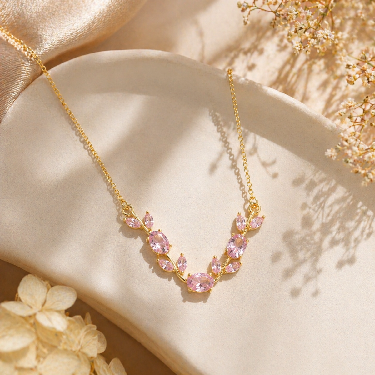 Pink crystal tulip floral necklace | elegant gold minimal jewelry
